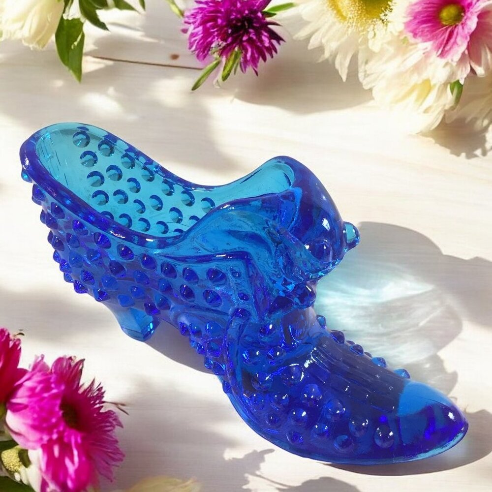 Vintage FENTON Glass Shoe Cats Head Slipper Colonial Blue Hobnail